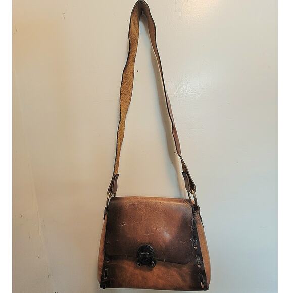 Seventies Brown Leather Boho Shoulder Bag Soft Hippie Vibe Wanderer Retro Style - Picture 3 of 12